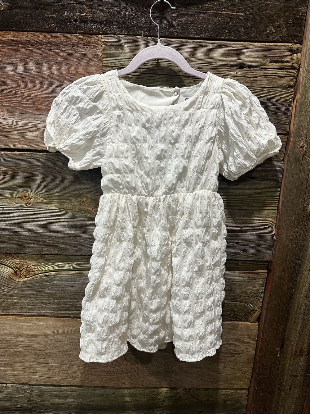 H & M Classic White Textured Puff-Sleeve Kids Dress 6/7